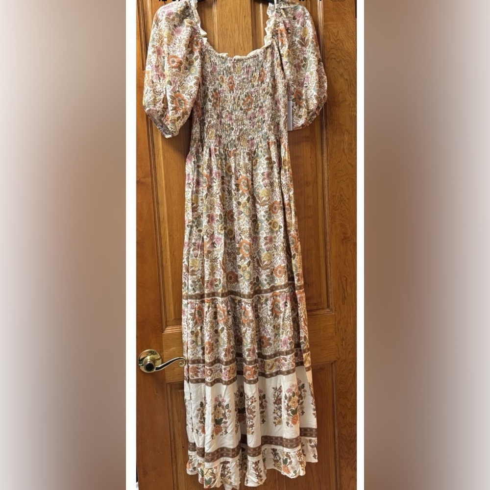 Anthropologie Kindred Smocked Floral Boho Maxi Dress Tiered Ruffle Sz M New